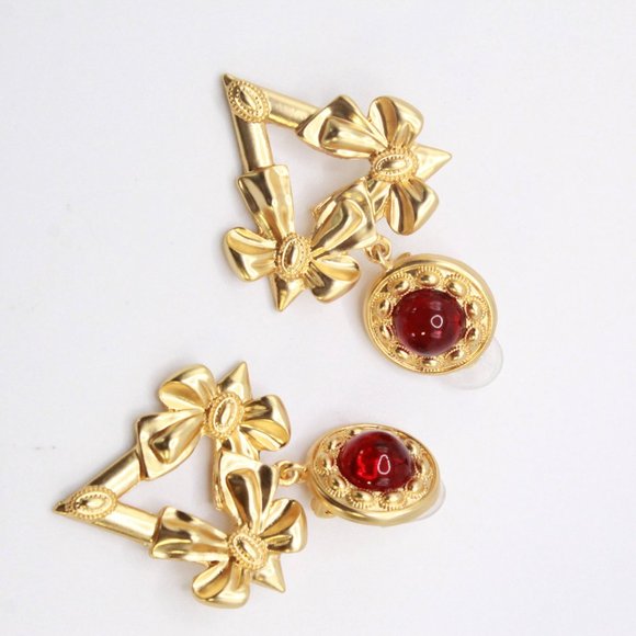 YSL YVES SAINT LAURENT RED GRIPOIX GLASS LONG EARRINGS - Picture 6 of 7